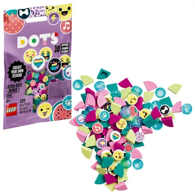 A bag of LEGO DOTs Extra Dots Series 1 with a pile of the colorful dots spilled out next to it.