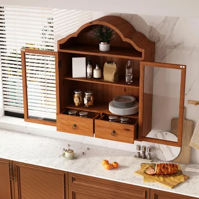 Productafbeelding van Okwish wandkast met lades en glazen deuren, dubbele deur ontwerp, retro stijl, compacte hangkast voor de keuken, bruin