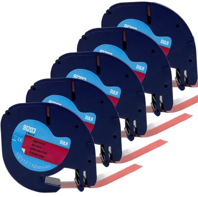 Produktbild von DULA Etikettenband - Kompatibel mit Dymo LetraTag 91203 / S0721630 - 5 Stück - Schwarz auf rotem Kunststoff - 12mm x 4m