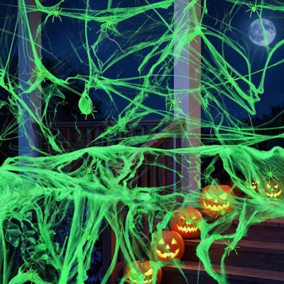 Obrázek produktu pro Dekorace na Halloween – pavučina, 200 g, s 60 pavouky, svítící, pro strašidelnou výzdobu