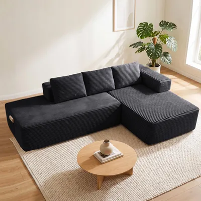 Immagine prodotto di Divano componibile modello Ecksofa, con funzione letto, 255 cm, rivestito in velluto. Divano modulare "Boneless" con chaise longue e struttura in metallo per lo schienale. Divano a L con funzione letto e struttura aperta