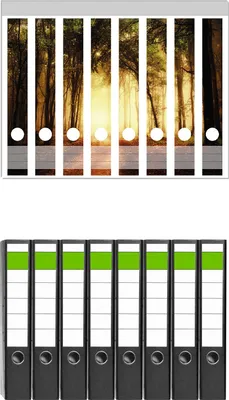 Produktbild von Wallario 8 Stück schmale Ordner inkl. Klebeetiketten mit Motive Sonnenuntergang auf dem Waldweg -  Set mit Rückenschildern / Ordnerrücken Stickern