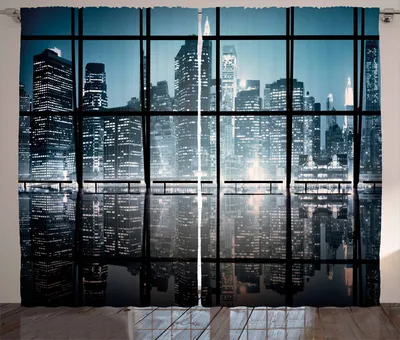 Produktbild von ABAKUHAUS Stadt Rustikaler Vorhang, New York bei Nacht-Landschaft, Wohnzimmer Universalband Gardinen mit Schlaufen und Haken, 280 x 260 cm, Dunkelblau Schwarz