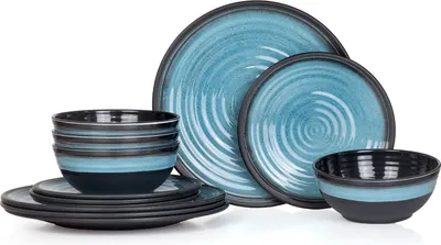 Produktbild von Moritz Camping Tafelgeschirr aus Melamin für 4 Personen 12-teilig | spülmaschinenfest | Picknick Geschirrset | Geschirr Campinggeschirr I Stone Blue Design