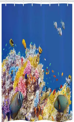 Produktbild von ABAKUHAUS Unterwasser- Schmaler Duschvorhang, Tropische Korallen Fisch, Badezimmer Deko Set aus Stoff mit Haken, 120 x 180 cm, Blau Gelb
