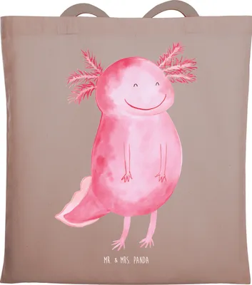 Produktbild von Mr. & Mrs. Panda Tote Bag Axolotl Glücklich - Braun Pastell - Geschenk, Lurch, Schultasche, Tasche, Gute Laune, gut Gelaunt, Lebensfroh, Stoffbeutel, Shopping, Beutel