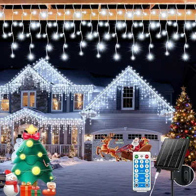 Solar-Eiszapfen-Lichterkette 25 m, 660 LEDs, 8 Modi, dimmbar, weiß