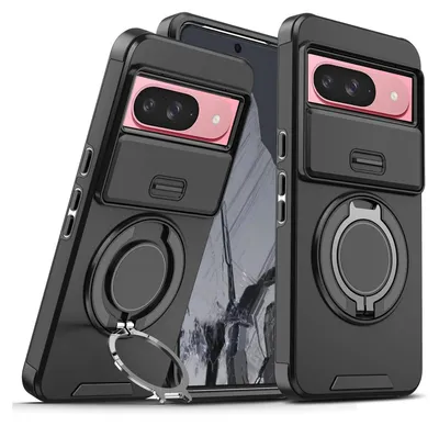 Immagine prodotto di Custodia a doppio strato per Goolge Pixel 10 / Pixel 10 Pro, con copertura scorrevole della fotocamera e supporto ad anello magnetico Nero