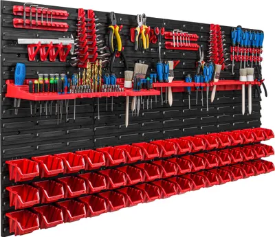 Image de Système de rangement Étagère d'atelier | 156 x 78 cm | 48 pièces Boîte | Étagère murale avec supports pour outils et bacs empilables - Panneaux muraux Étagère à bacs extra-robuste Panneau perforé pour outils Étagère de rangement Étagère de garage