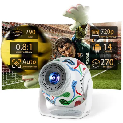 Produktbild von ZELURXX Fußball Design Smart Beamer 720P Android 14 WiFi 6 270° drehbar Auto-Keystone 290ANSI BT5.4 Lautsprecher Heimkino