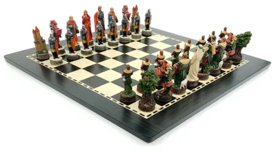 Produktbild von Italienisches Schachset Harz Robin Hood + Schachbrett Holz Ebenholz 40