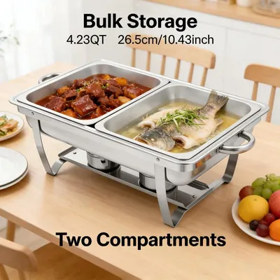 Image de Réchauffeur de buffet - Plat chauffant double compartiment - Pliable - Acier inoxydable 410 - Deux compartiments - Réchauffeur de plats pour traiteur - Argenté