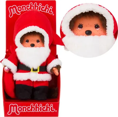 A Monchhichi doll dressed as Santa Claus is displayed in its retail packaging.