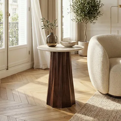 Produktbild von Beistelltisch LUANA rund 45 cm mit Marmorplatte, Braun/Beige - Sofatisch aus massivem Mangoholz, Design Wohnzimmertisch, skulpturaler Ablagetisch, runder Tisch mit natürlicher Maserung