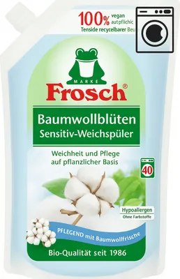 A pouch of Frosch brand fabric softener with cotton blossom scent.