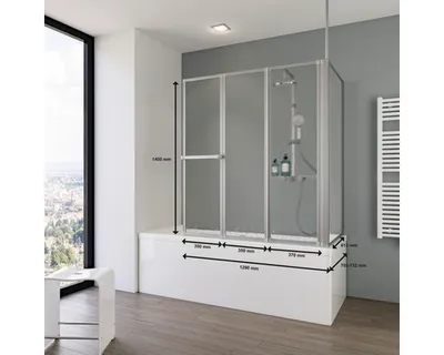 Produktbild von Badewannenaufsatz 3-teilig mit Seitenwand SCHULTE Komfort 1290,0 x 140 cm Glasdekor Tropfen Profilfarbe aluminium D1603-
