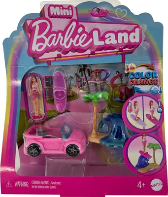 Produktbild von Barbie Mini Barbieland, Beach Vehicle Set, Auto mit Figur, Zubehör, Farbwechselfunktion, Spielset für Kinder