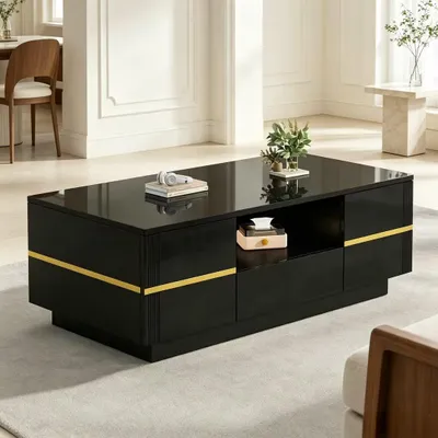 Produktbild von MODFU Couchtisch 100 × 50 × 35,5 cm, Sofatisch mit 2 Türen, Schublade und offenem Ablagefach, Hochglanz-Wohnzimmertisch Schwarz mit Goldakzenten