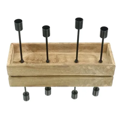 Produktbild von GASPER 4-fach Stabkerzenhalter Natur & Schwarz rechteckig 34 x 12 cm - Holz & Metall