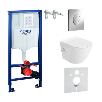Produktbild von GROHE Vorwandelement Solido Start + Wand Hänge WC Salto Weiß Spülrandlos + WC-Sitz SoftClose | Verchromter Knopf | Komplettset | Unterputz Spülkasten |  Toilette Komplett Sett