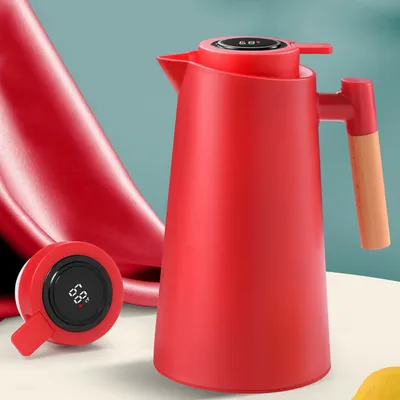 Produktbild von Thermoskanne 1L Isolierkanne mit Temperaturanzeige und Edlem Holzgriff Thermo Kaffeekanne langer Thermoeeffekt Rot