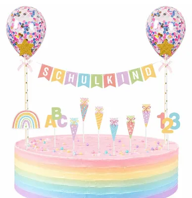 Immagine prodotto di Set da decorazione per torte da 23 pezzi, tema "inizio della scuola", con ghirlanda arcobaleno colorata