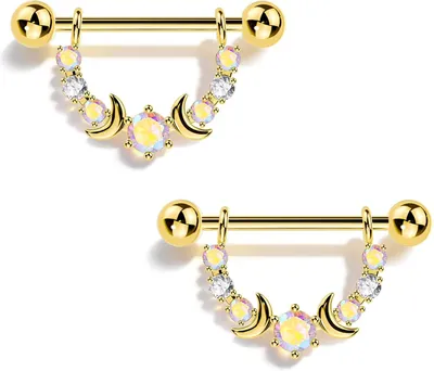 Imagen del producto de Areola piercing, calibre 14G, diseño de luna y estrella, con incrustaciones de circonitas cúbicas (CZ), para piercings