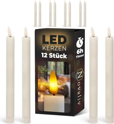Produktbild von LED Stabkerze mit Timerfunktion 12er Set - Weiße Stabkerze LED bewegliche Flamme Timer - 20cm Höhe für 2,2cm Durchmesser / 1x AA Batterie notwendig - true glow LED Kerzen Stabkerze
