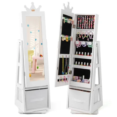 Produktbild von GOPLUS Kinderschmuckschrank, drehbarer Kosmetikschrank mit Ganzkörperspiegel, 18 Ohrringschlitze, 6 Armbänderhaken etc., für Kinder ab 3 Jahren
