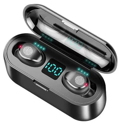 A pair of black wireless earbuds in a charging case with a digital display.