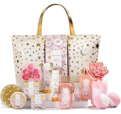 Image de Coffret de beauté comprenant 15 produits : gel douche, crème pour les mains, lotion pour le corps, sels de bain et un sac à main