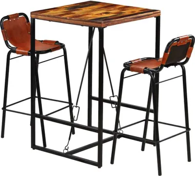 Image de vidaXL Bar Set 3 tlg. Altholz Massiv und Echtes Ziegender - Bar-Set - Ensembles de bar - Table Et Chaise De Bar - Tables Et Chaises De Bar