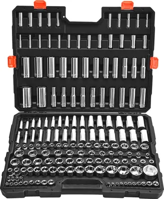 Immagine prodotto di Set di chiavi a bussola - Cassetta a cricchetto 163 pezzi - Attacchi 6,4/9,53/12,7 mm - SAE e metrico - Profondo e standard - Acciaio al cromo-vanadio, cromato