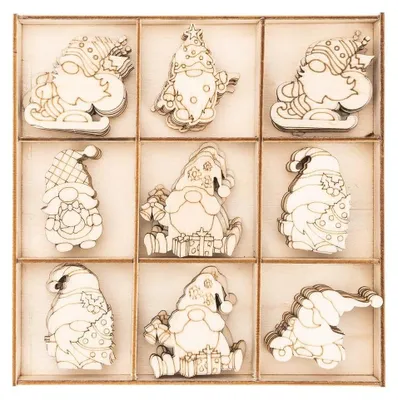 Holz-Streudekoration, 63-teilig, 6 Designs, Wichtel-Motive