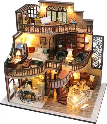 Obrázek produktu pro Stavebnice miniaturního domu, 3D dřevěné puzzle, LED osvětlení, včetně nábytku, dárek pro kutily
