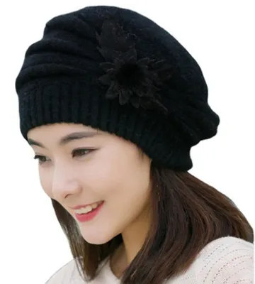 Produktbild von Wintermützen für Damen, Beanies für Herren, modische Strickmützen mit Blumenmuster, warme Wintermützen, Baskenmützen