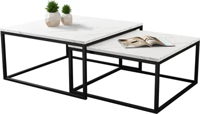 Produktbild von MIRJAN24 Im Set zwei Couchtische Dual, Vierkantrohrrahmen aus Stahl, Kaffeetisch-Set 2-tlg (Farbe: Schwarz / Bianco Marmor)