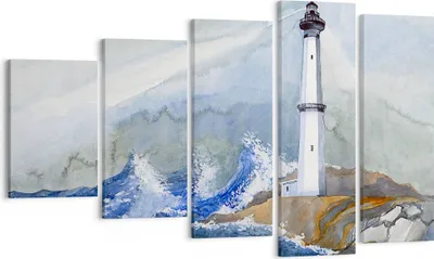 Produktbild von Bild auf Leinwand - Leinwandbild - Leuchtturm Wasser Illustration Welle - 100x60cm - Wand Bild - Wanddeko - Leinwanddruck - Bilder - Kunstdruck - Leinwand bilder - Wandkunst - EG100x60-2997