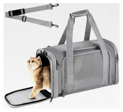 Produktbild von Faltbare Hundebox, Transportbox für Katzen und Hunde für Reisen im Auto und Flugzeug, Leichte und atmungsaktive Tragetasche für kleine und mittelgroße Katzen, Kaninchen und Welpen bis 15 lbs (Grau)