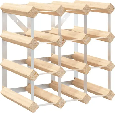A wooden wine rack with metal supports, designed to hold 12 bottles.