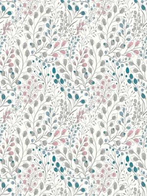 Produktbild von Vliestapete mit floralem Muster im Zeichenstil – Weiß, Rosa, Blau