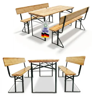 Produktbild von Bierzeltgarnitur mit Lehne 3-teilig mittig klappbar | 1x Tisch, 2x Bierbank mit Rückenlehne | HxBxT 76x170x69 cm | lackiertes Holz | Biertischgarnitur Festzeltgarnitur Gartenmöbel-Set