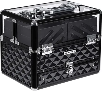 Zdjęcie produktu dla SONGMICS 30 x 23,5 x 20 cm Walizka do makijażu z rozkładanymi przegrodami, szkło akrylowe, kosmetyczka, walizka na kosmetyki, przezroczyste przechowywanie kosmetyków JBC318B