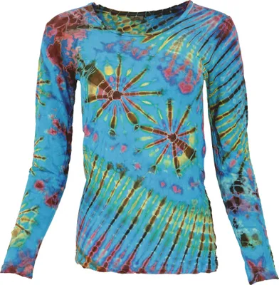 Produktbild von Unikat Batik Shirt, Unikat Boho Langarmshirt - Türkis, Damen, Mehrfarbig, Viskose,Elasthan, Pullover & Longsleeves