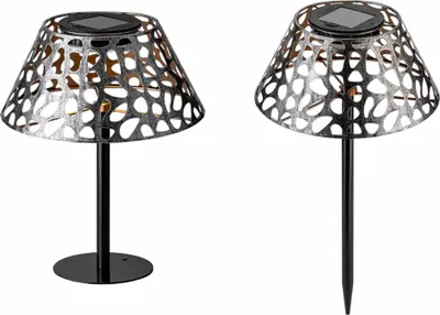 Two solar garden lights with decorative metal shades are shown against a white background.