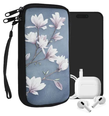 Produktbild von kwmobile Handytasche für Smartphones XL - 6,7/6,8" - Neopren Handy Tasche Hülle Cover Case Schutzhülle - Magnolien Taupe Weiß Blaugrau - 17,2 x 8,4 cm