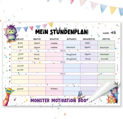 Produktbild von Stundenplan 1. Klasse A4 Block - 25 Seiten, Süßes Monster Design - Einschulungsgeschenk Füllung Schultüte Mädchen u. Jungen