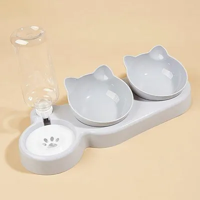 Image de Gamelle pour chat avec réservoir d'eau, 3-en-1, basculante, pour chats, avec abreuvoir à gravité, protection pour le cou, gris.