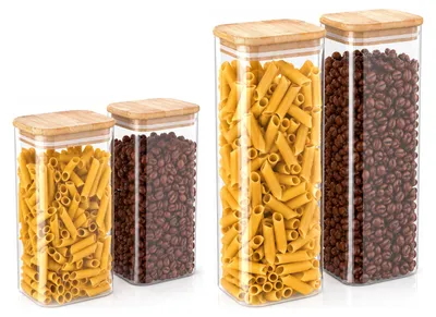 Image de Bocaux de conservation Arendo avec couvercles en bambou, 2 x 1600 ml et 2 x 2250 ml, hermétiques grâce à un joint en silicone, contenants en verre rectangulaires en verre borosilicaté, lot de 4, transparents