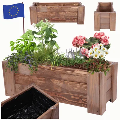 Produktbild von MODO24 Pflanzkübel Holz, Pflanzkasten, Blumenkasten, Kiefer, Schutzfolie, Wetterfest, Balkon, Garten, 30x60x33 cm, Braun, RDZP